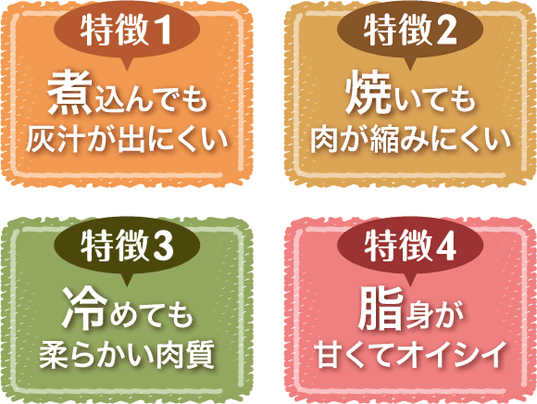 特徴1 煮込んでも灰汁が出にくい。特徴2 焼いても肉が縮みにくい。特徴3 冷めても柔らかい肉質。特徴4 脂身が甘くてオイシイ。